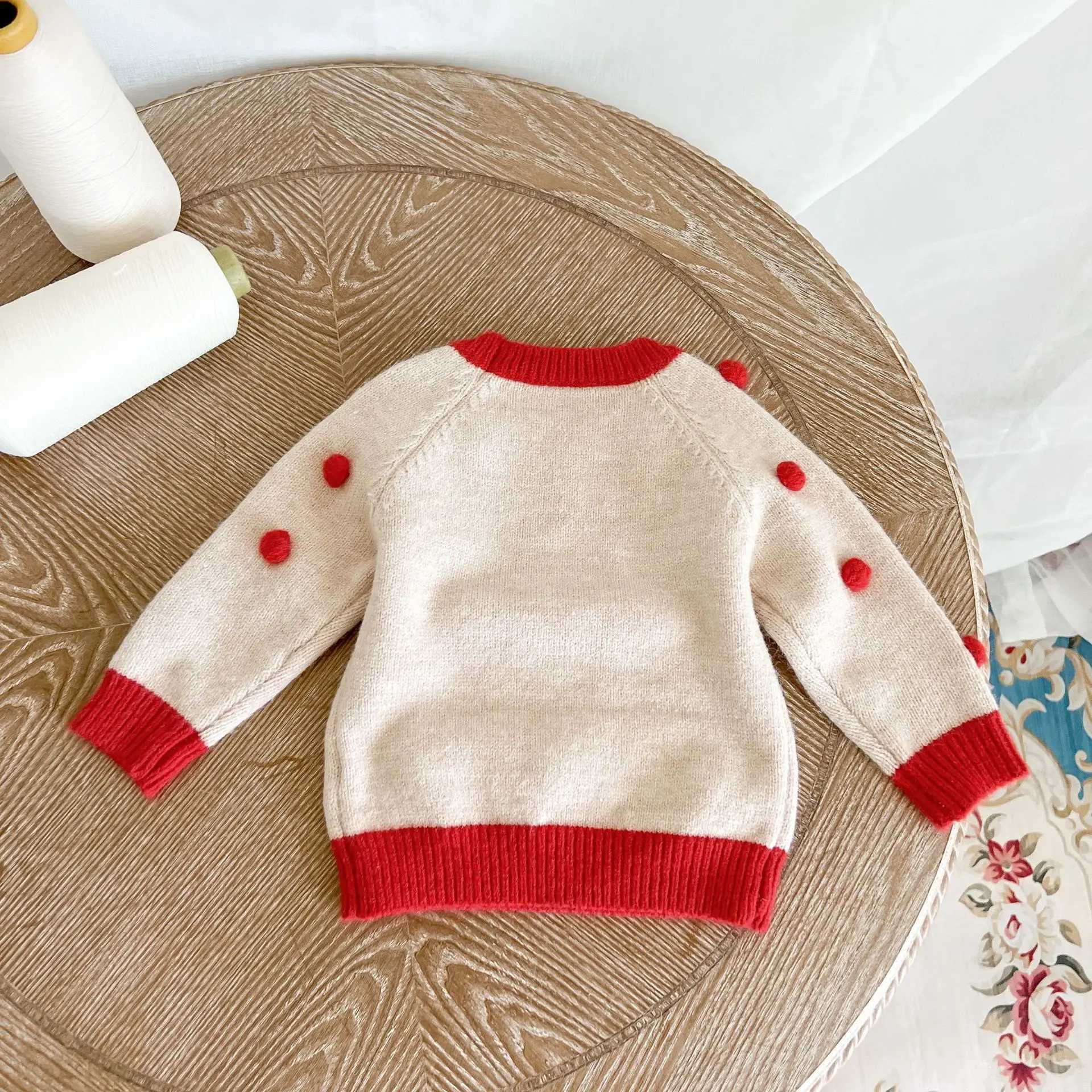 2024 Ins Korea Autumn Childrens Baby Girl Sweater Cotton Knitted Long Sleeve Baby Girl Zipper Handmade Ball Preschool Girl TopW240824