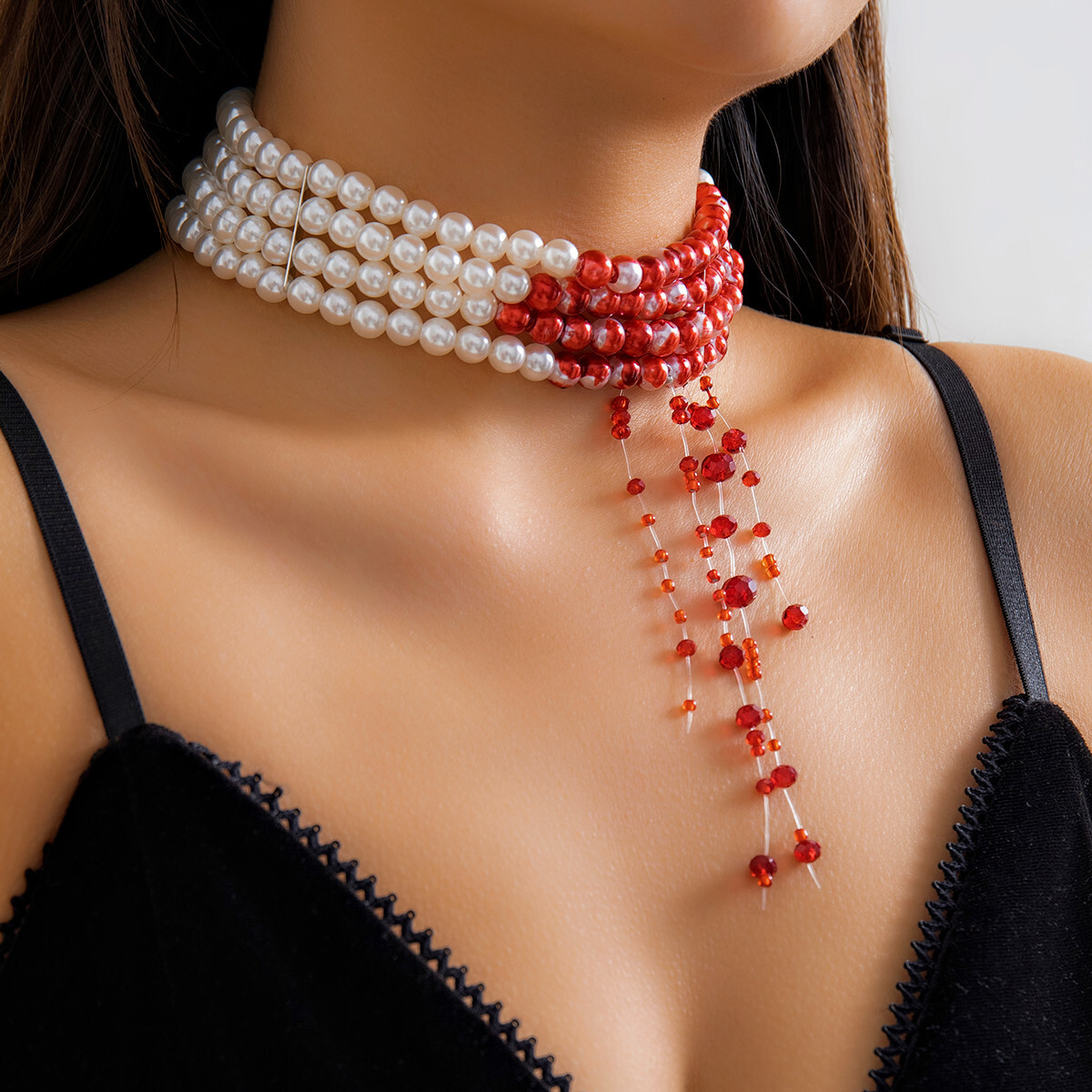 Jewelry Sweet Cool Gothic Blood Drop Tassel Collar Necklace Halloween Personalized Beaded Choker