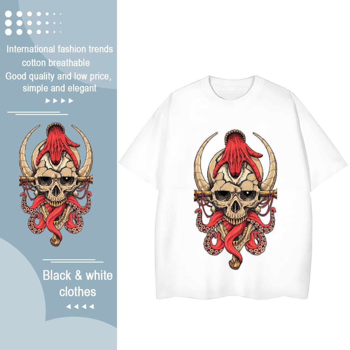 Unisex T shirt 230g 100% Cotton skull Street Wear Custom Anime O-Neck Short Sleeve Tshirt for Man Woman 2024 New Polos