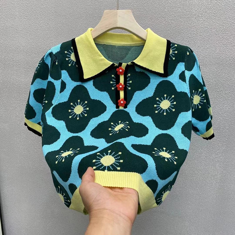 Summer floral womens sweater sweet jacquard short sleeved loose collar knitting fashionable buttons 240826