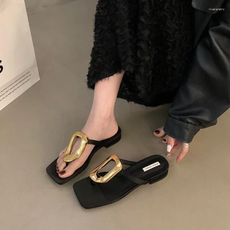 Sandals Golden Buckle Heeled Flip ps Woman Summer Elegant Square Toe Thong New Slipper Ladies Brand Design Evening Party Shoes ashoesfactory