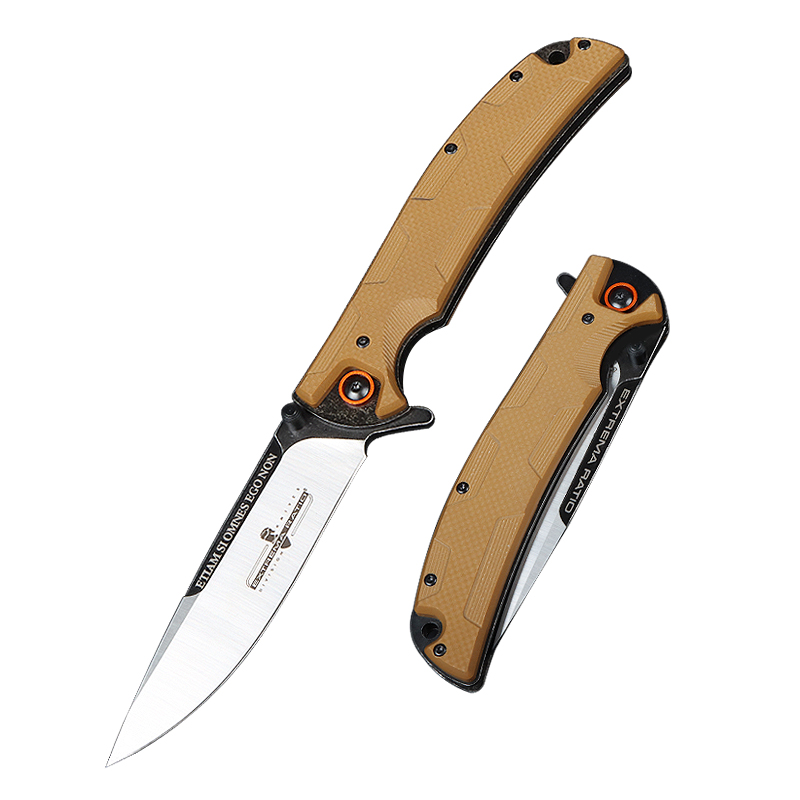 M7794 Flipper Folding Knife 5Cr13Mov Satin Drop Point Blade G10 with Steel Sheet Handle Outdoor Camping Hiking Fishing Ball Bearing EDC Pocket Knives