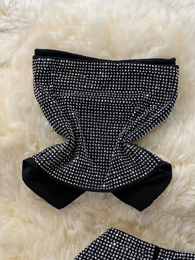 Sexy Women Black/White Diamonds Two Piece Set Party Slash Neck Off Shoulder Camis Tops High Waist Pants Female Suit Autumn 240826