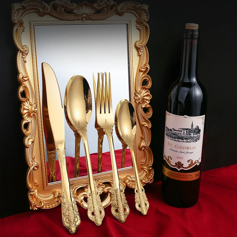 24 piece stainless steel cutlery set gold fork royal knife kitchen spoon Western 240826