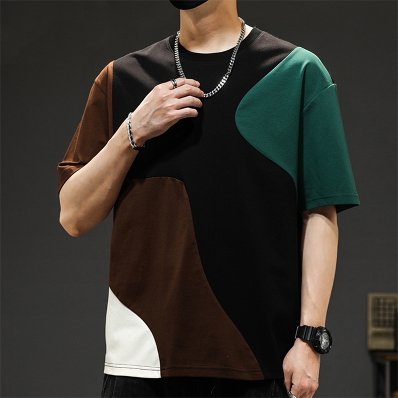 Summer Trendy Panelled Patchwork Fashion Loose Round Neck Short Sleeved T-shirt Mens American Vintage Casual Versatile Tops 240824