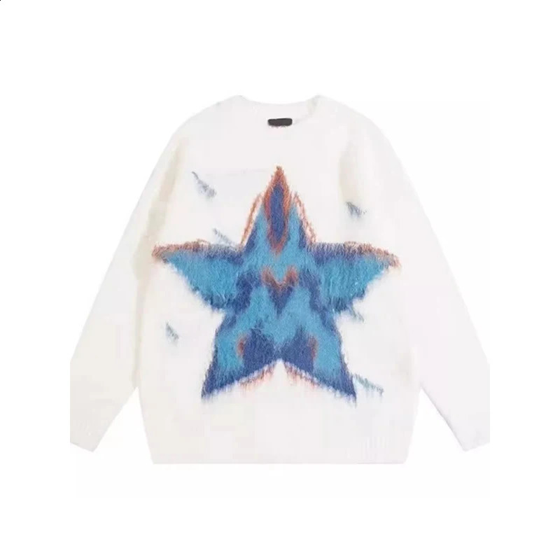 Womens white floral sweater Harajuku Korean Y2k long sleeved star skydiving knitted retro 2000s oversized autumn clothing w240826