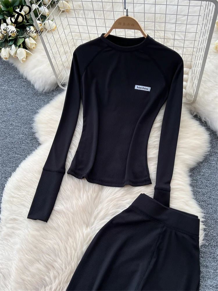 SINGREINY American Casual Sporty 2PC Suits Ladies O-Neck Letter Print Bodycon TopHigh Waist Skinny Pencil Pants Fashion Sets 240826