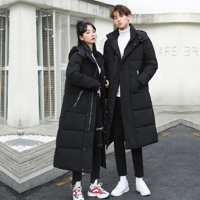 New Down and Cotton Jacket for Men Long Length Over the Knee Thick Plus Size Couple Hooded Slim Fit Extra Long Jacket Cool and Trendy