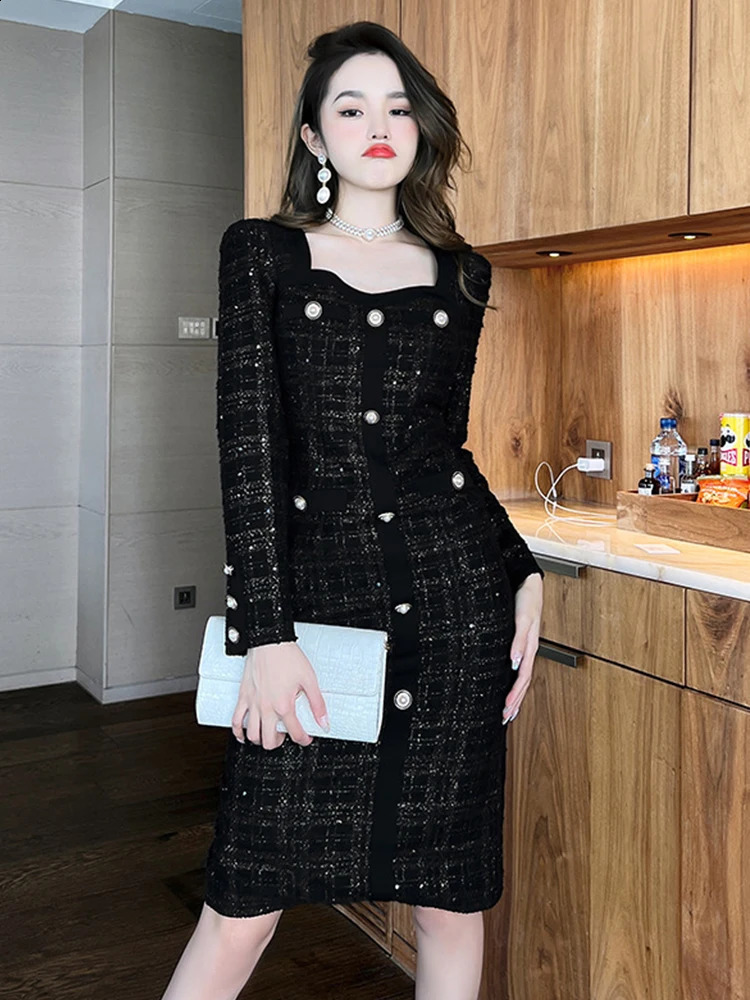Elegant Midi Dresses for Women Tweed Plaid Square Collar Long Sleeve Slim Bodycon Robe Femme Party Office Vestidos 240824