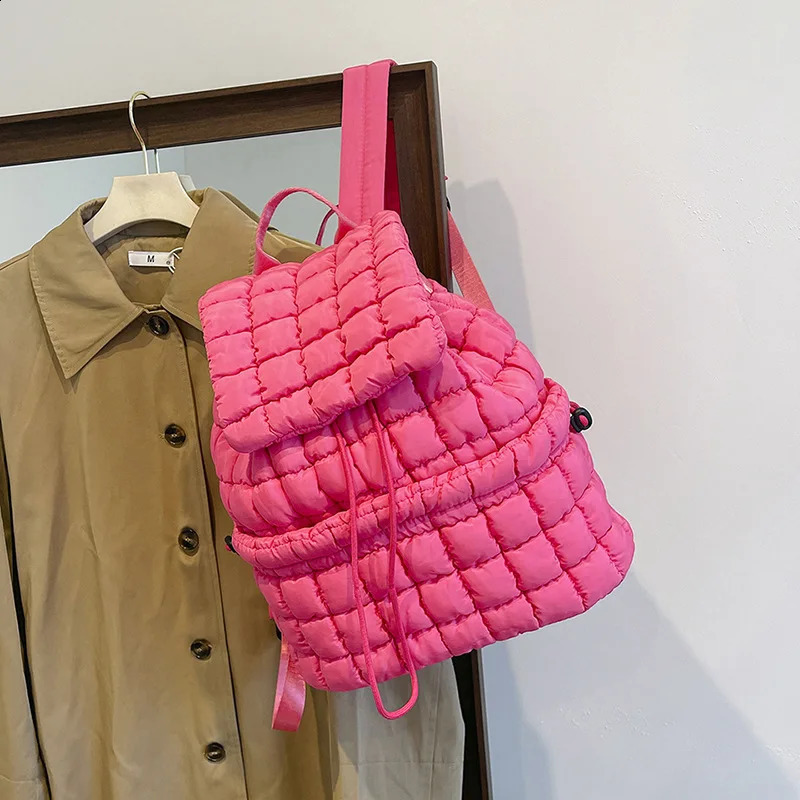 Korean Style Simple Trendy Lightweight Down Puff Backpack Large Capacity Communicating Fluffy Checked 240912