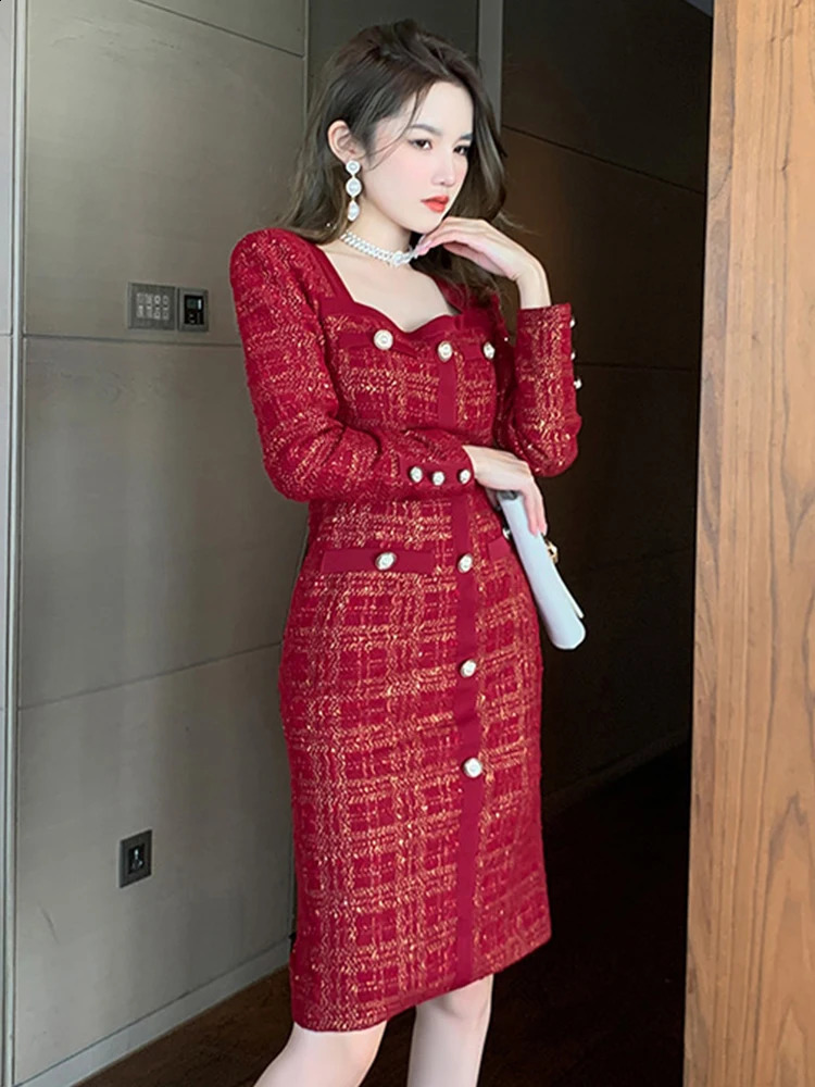 Elegant Midi Dresses for Women Tweed Plaid Square Collar Long Sleeve Slim Bodycon Robe Femme Party Office Vestidos 240824