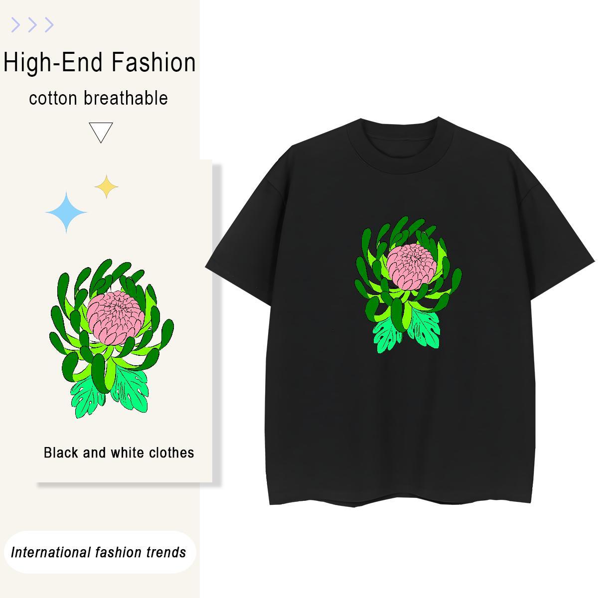 Female Woman Tshirt 230g 100% Cotton painting Casual Woman T Shirts Short Sleeve O-Neck Cartoon Floral Printing Top Tees
