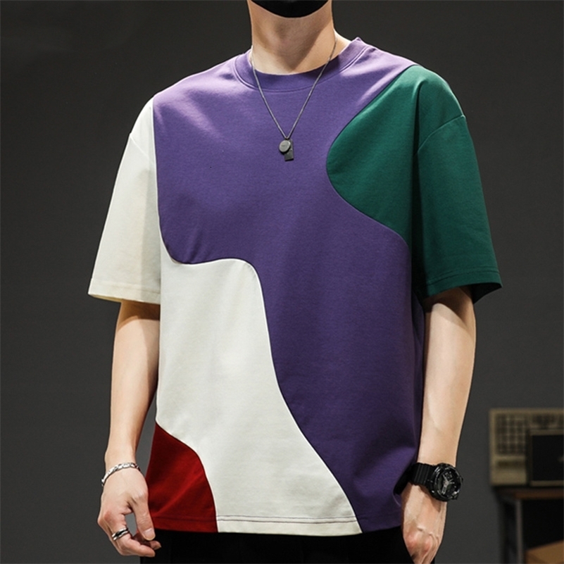 Summer Trendy Panelled Patchwork Fashion Loose Round Neck Short Sleeved T-shirt Mens American Vintage Casual Versatile Tops 240824