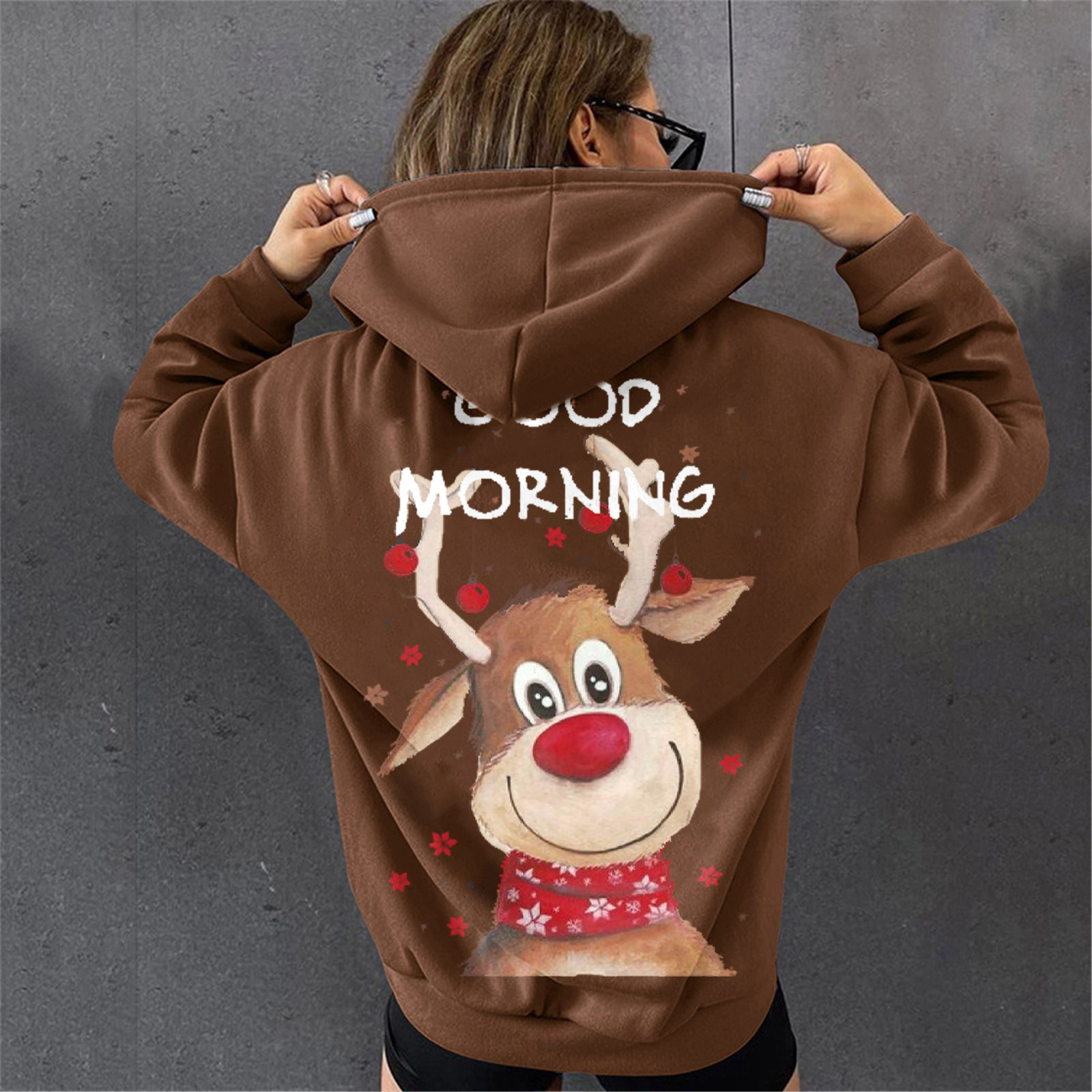 Good MORNING Christmas hoodie with deer print and plush hooded sweatshirt dongdumaoyi