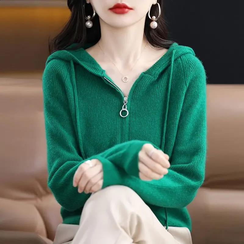 Fashion Woman Blouses Knitted Hooded Long Sleeve Vintage Casual All-match Solid Color Zipper Sweaters Cardigan 240824