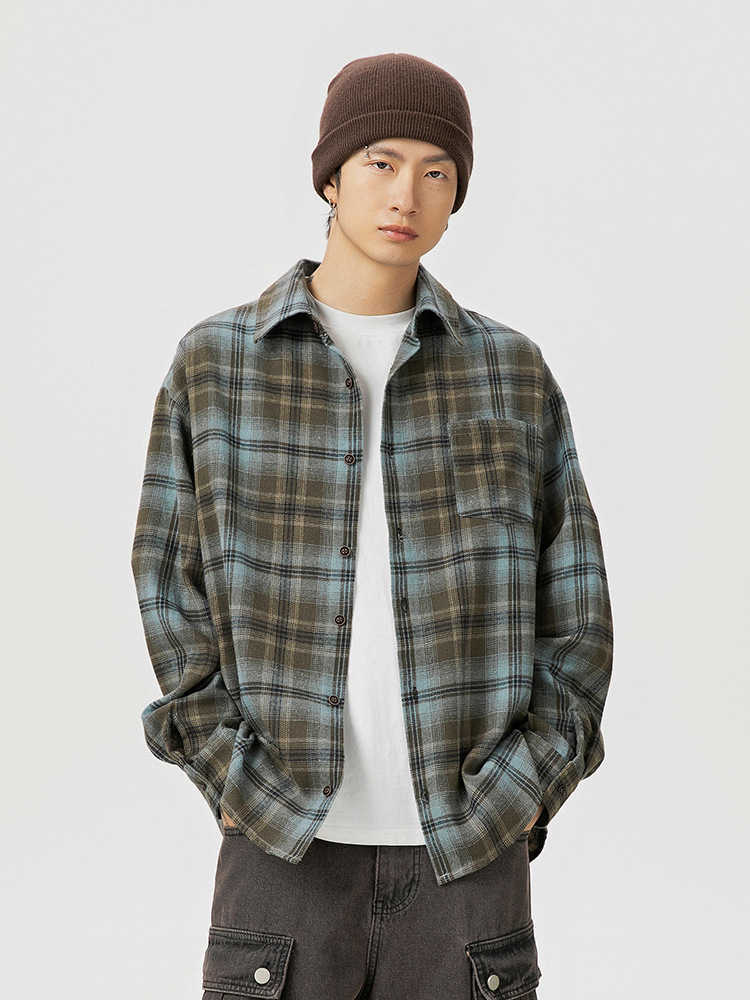 Vintage plaid shirt for men new fall lapel sticker bag design couple loose long-sleeved shirt coat for women Q240826
