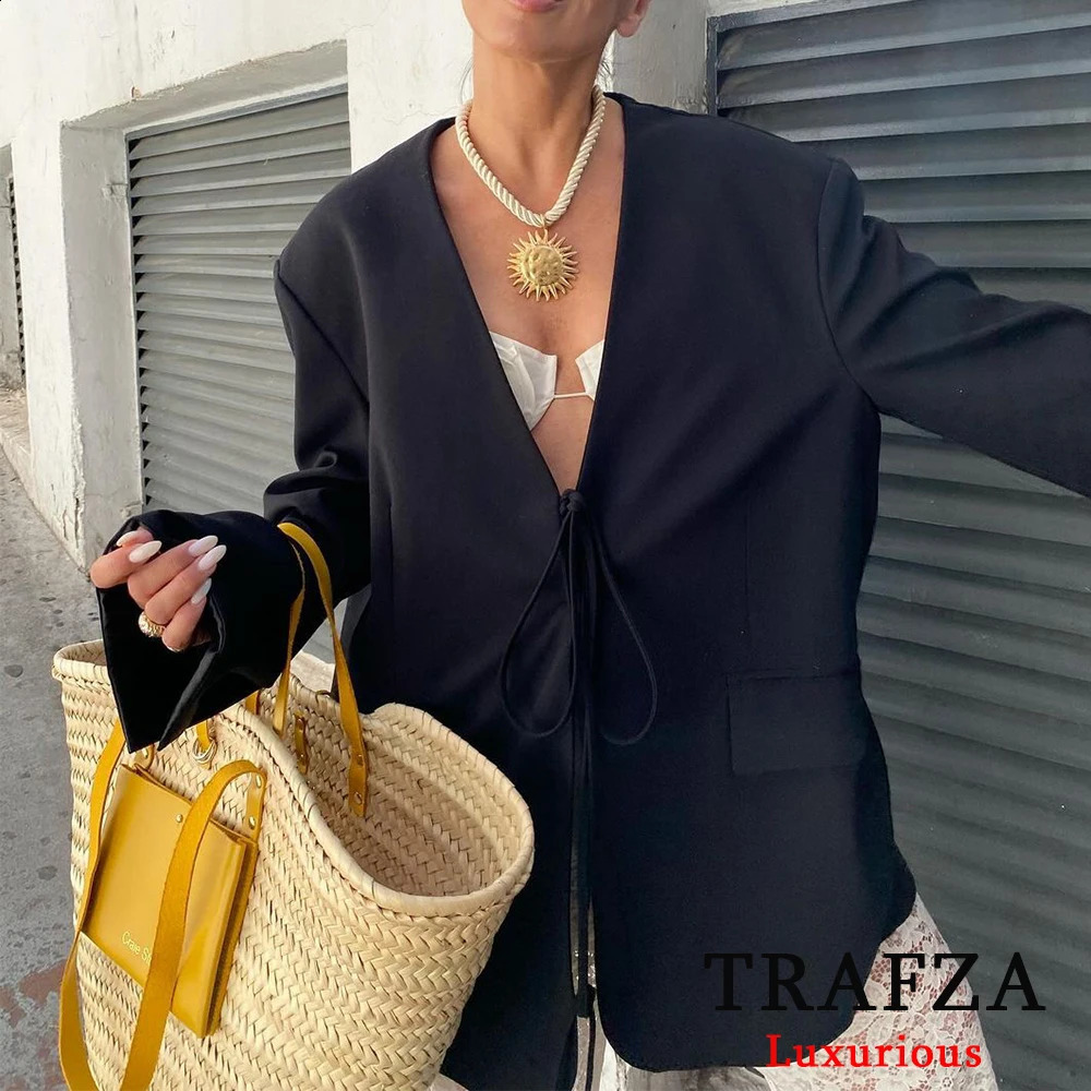 TRAFZA Casual Oversized Black Blazer Women V Neck Bow Tie Pockets Loose Jackets Fashion Streetwear Women Outwears 240826