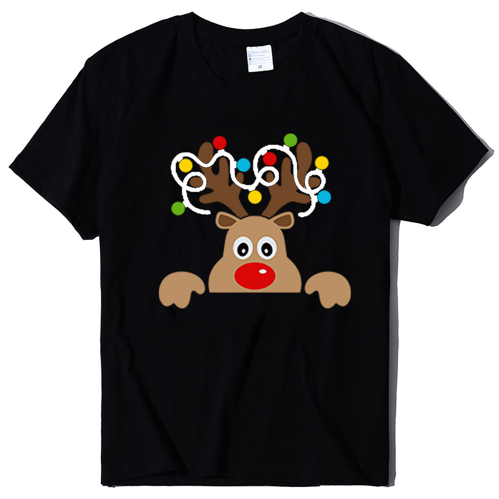 Instagram Trendy Women's Christmas Deer Printed T-shirt Loose Headset Short sleeved dongdumaoyi