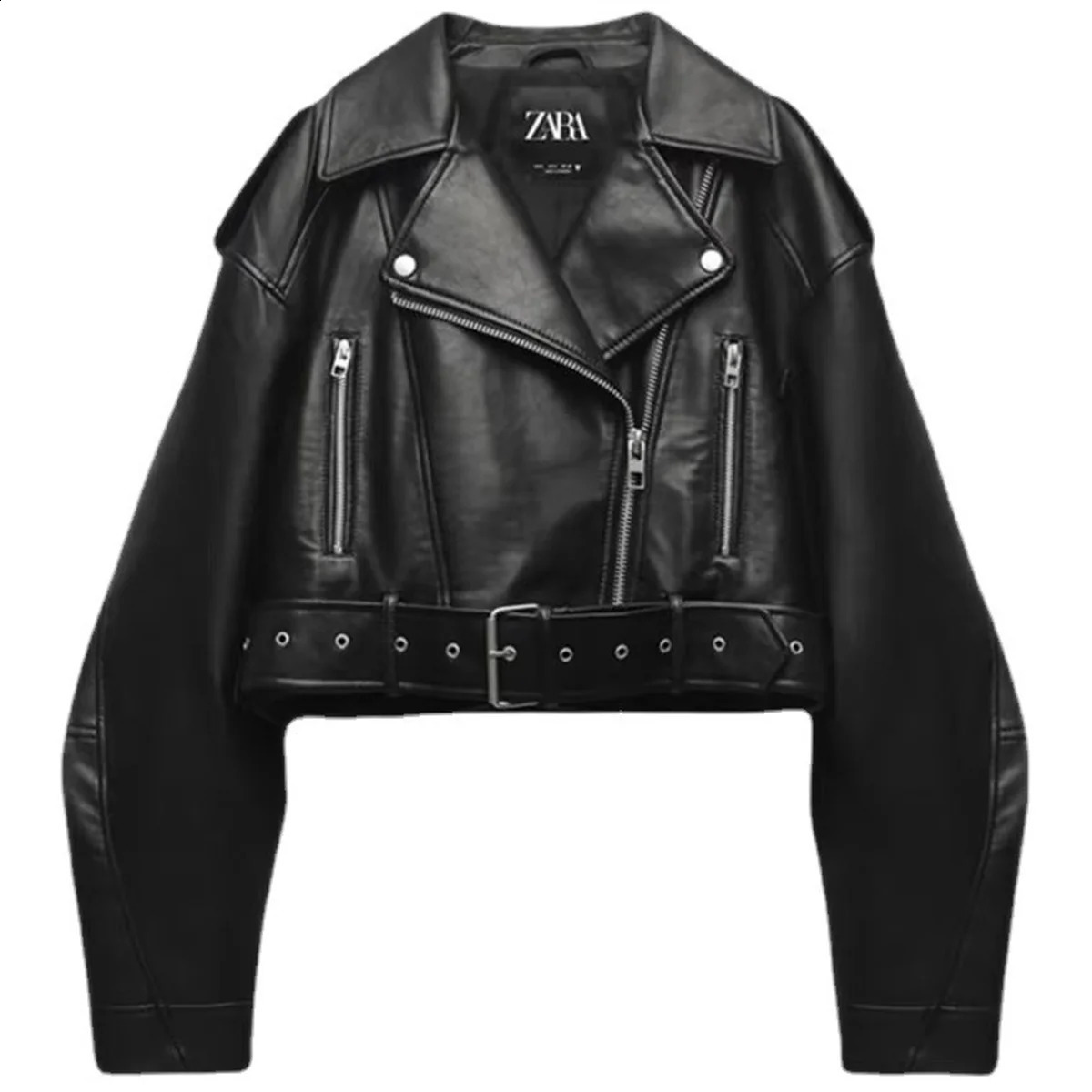 Womens black artificial PU leather jacket casual womens lapel zipper with short leather jacket retro street motorcycle jacket 240826