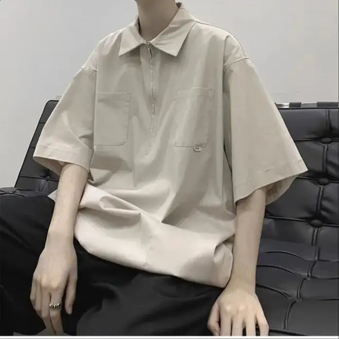 Japanese Half - Zipper Polo Shirt Mens Summer Lapel Short Sleeve t-shirt Trendy Loose Peplum Shirt Outdoor 240824