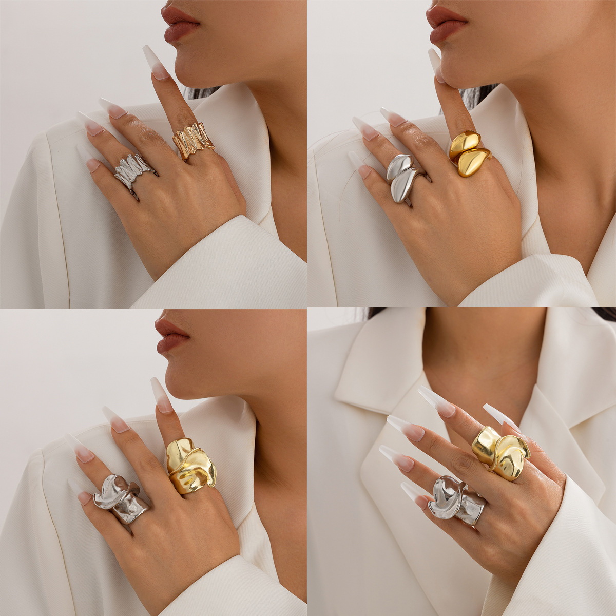 Jewelry hip-hop style oversized irregular smooth twisted ring, water droplet alloy pleated ring