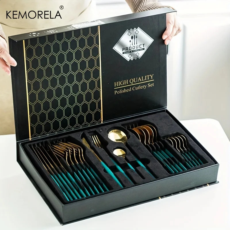 Christmas 24 piece gold tableware set stainless steel knife fork spoon holiday kitchen gift 240826