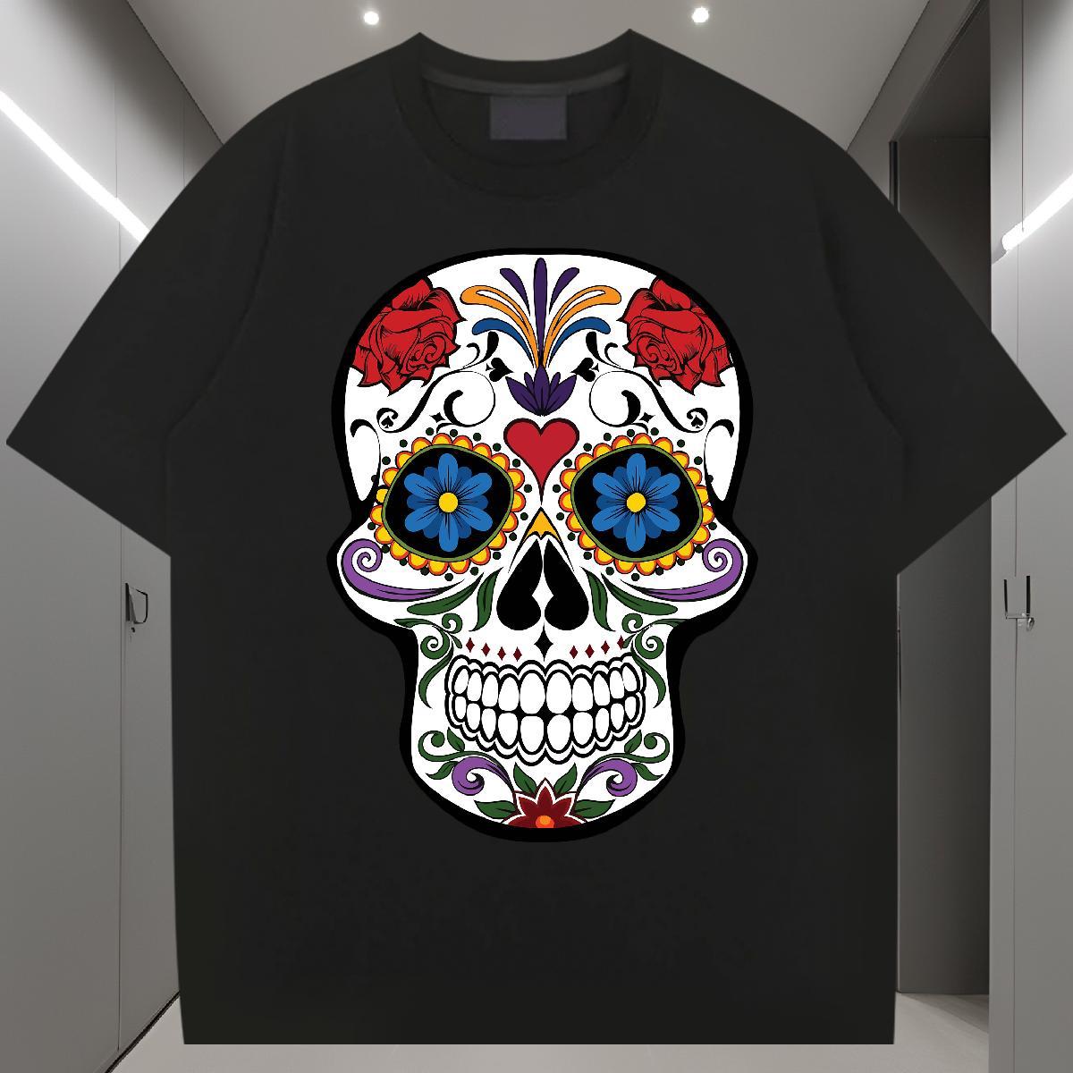 Free Shipping T-Shirts for Men 230g Cotton skull Street Casual DIY Printed Breathable Crew Neck Men Tshirts Wholesale Wear