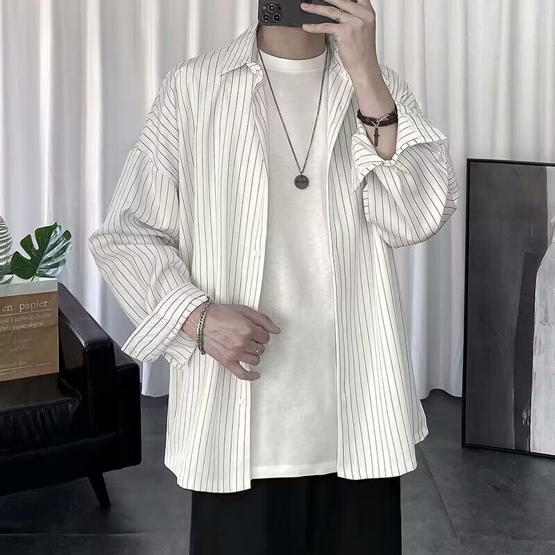 Striped Long Sleeved Shirt Jacket for Men in Spring and Autumn Trendy Styleins Casual Clothes Korean Version Trendy Mens Black Shirt