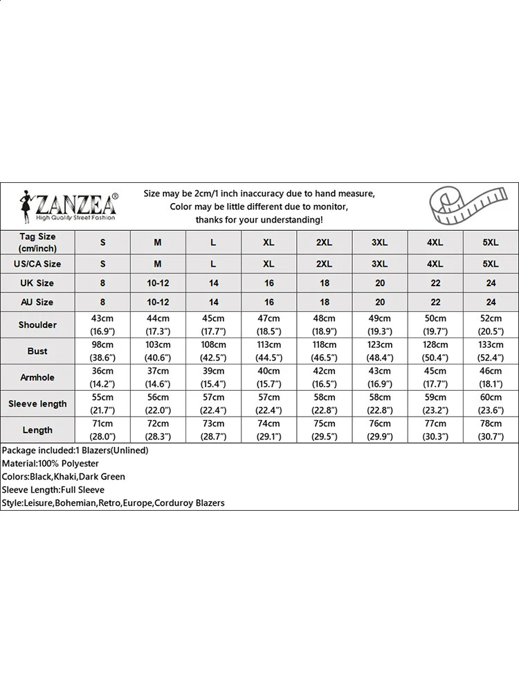 ZANZEA Vintage Corduroy Blazer Woman Long Sleeve Lapel Neck Suits Autumn Fashion Buttons Jackets Casual Pockets Outerwear 240826