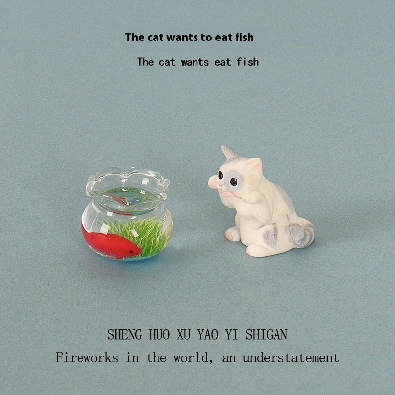 Adorable Small Scale Artwork - Handcrafted Resin Lazy Kitty & Fishtank Combo for Personalized Display