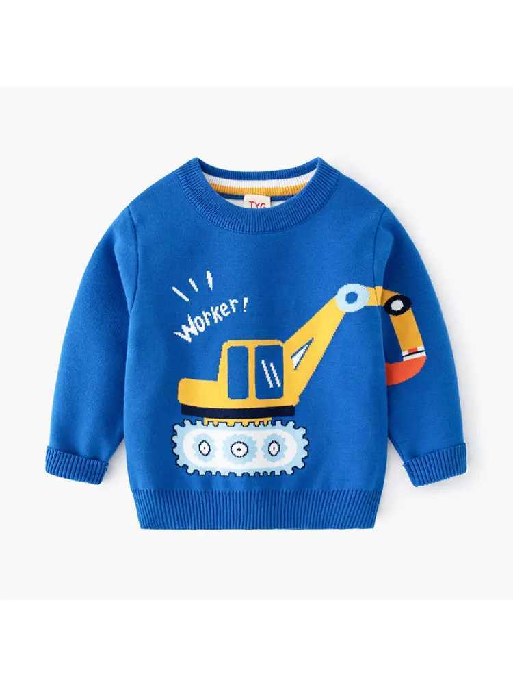 Childrens Sweater Boys Winter Double layer Cotton Knitted T-shirt Excavator Pattern Long sleeved Childrens Sweater Warm Knitted TopW240824