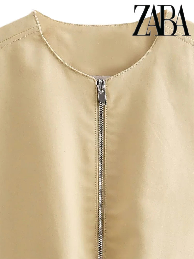 TRAF Womens Elegant sleeveless round neck zip waistcoat Pocket decorative loose khaki jacket Comfortable leisure womens vests 240826