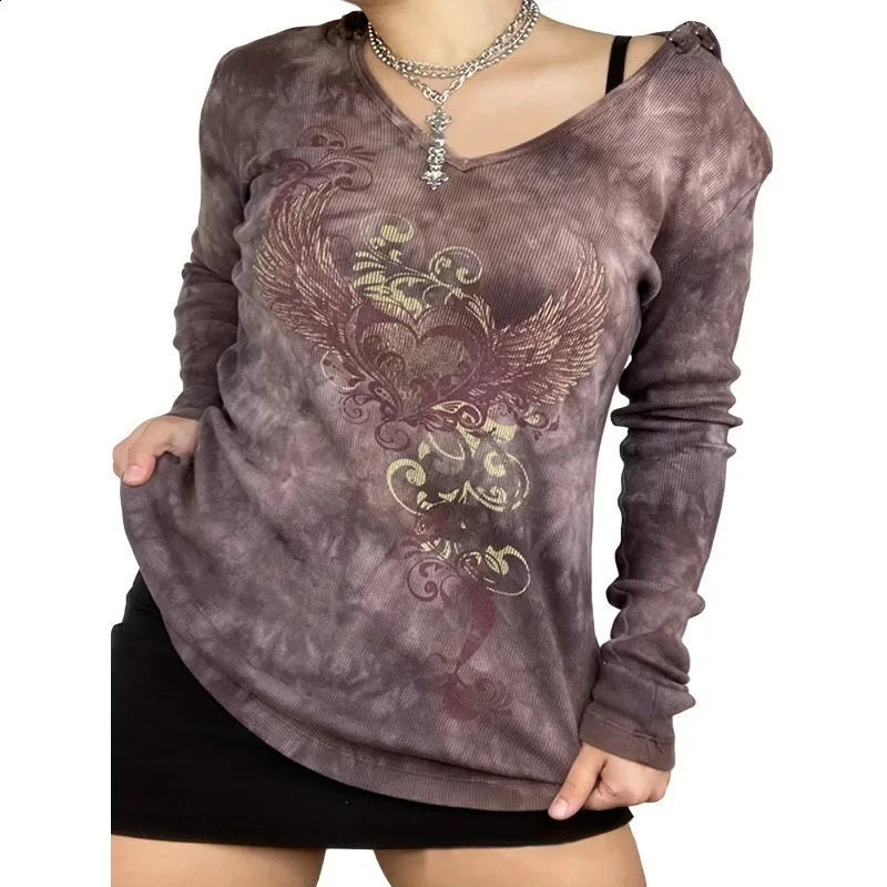 Retro fashion color sealed T-shirt slim fit V-neck top suitable for women to print long sleeves smooth silhouette 240826