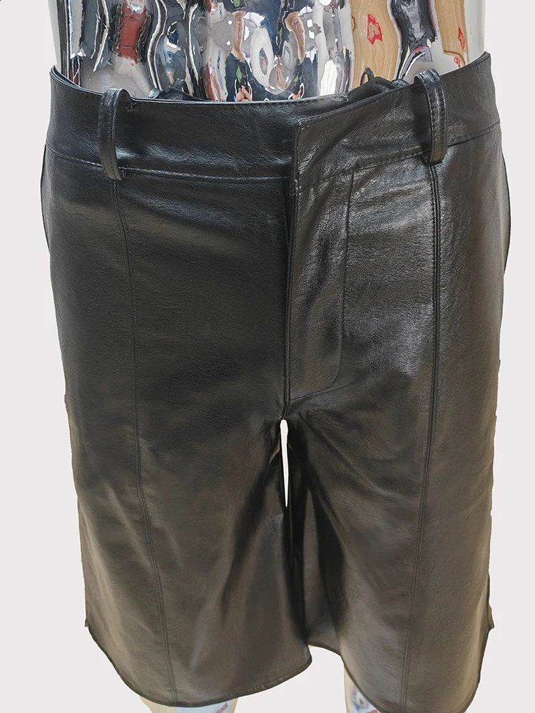 Mauroicardi Summer Autumn Cool Handsome Waterproof Black Pu Leather Shorts for Men High Waist Short Straight Pants Clothes 2024 240824 - view 7