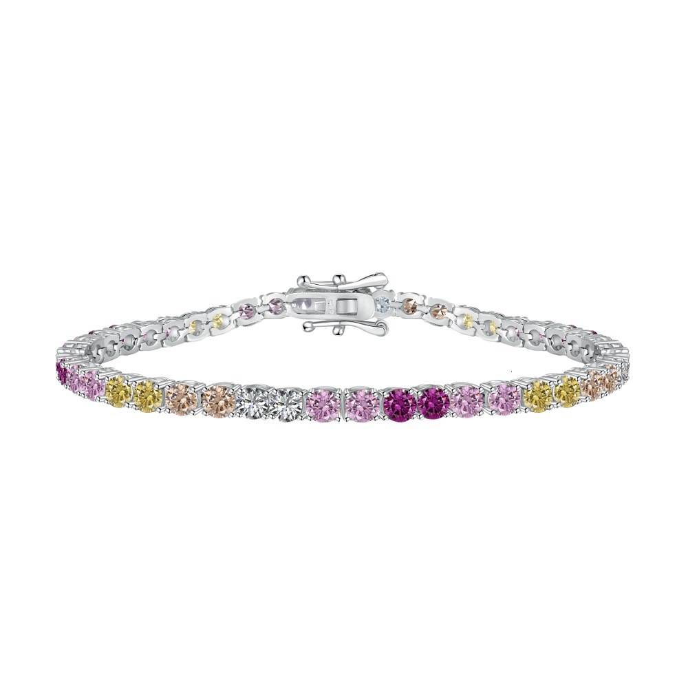 New S Pure Sier Bracelet with Colored Zirconia Inlaid Diamond Design, Fashionable and Versatile Rainbow Women's Handicraft