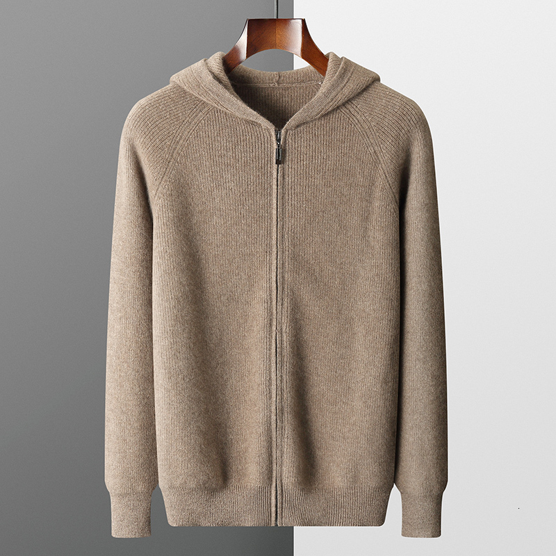 Mens hooded cardigan wool jacket autumnwinter thick large 100% Merino sweater zipper casual sports top 240824