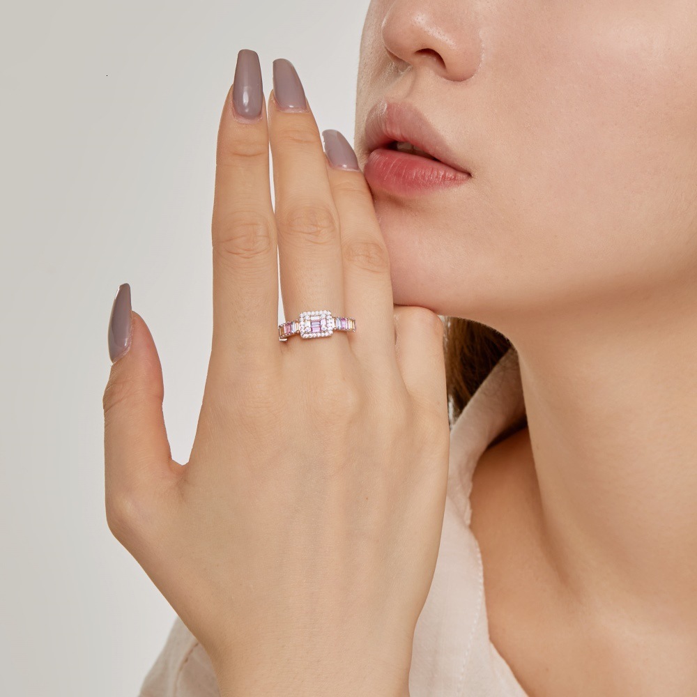 Korean version of new S pure sier closing ring with geometric shape, colored zircon, fashionable and versatile design for women's rings