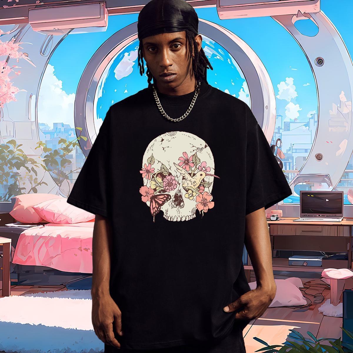 Unisex T shirt 230g Pure Cotton skull High Street Hip Hop DIY Short Sleeve O-Neck Men Tshirts Classic Tees Shirts