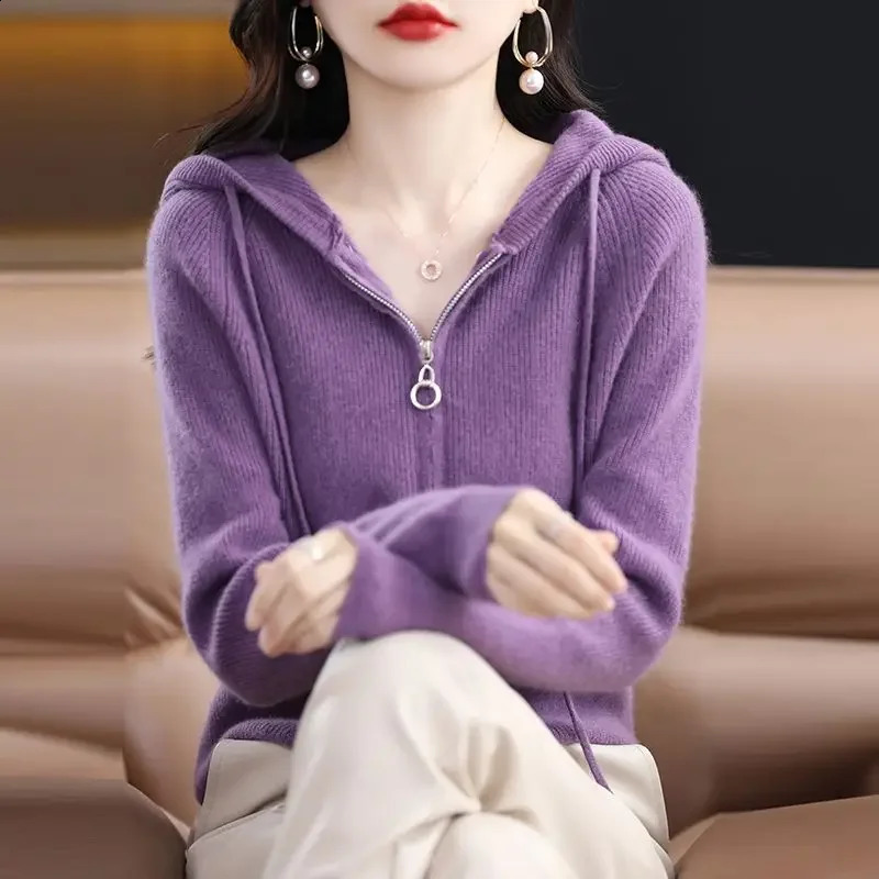 Fashion Woman Blouses Knitted Hooded Long Sleeve Vintage Casual All-match Solid Color Zipper Sweaters Cardigan 240824