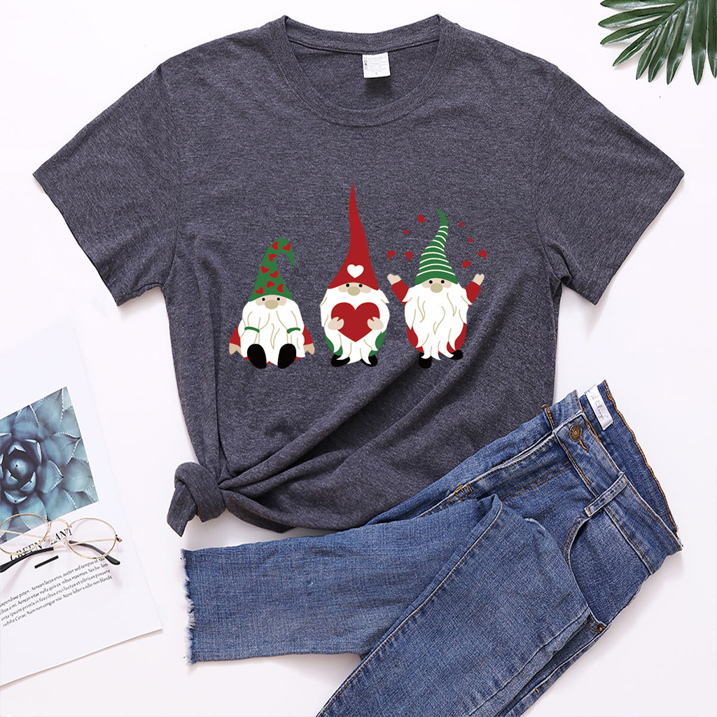 Short sleeved women's minimalist T-shirt with three dwarfs' heart print round neck for spring and summer loose fit dongdumaoyi