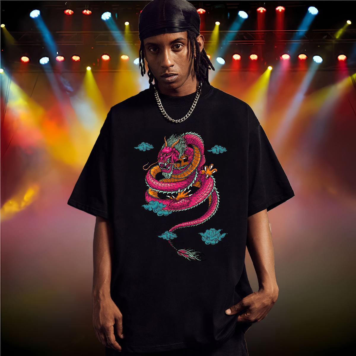 Brand T-Shirts for Men 230g Cotton dragon Hip Hop Street Plus Size Cartoon O-Neck Short Sleeve Mens Tshirts 2024 Summer Polos