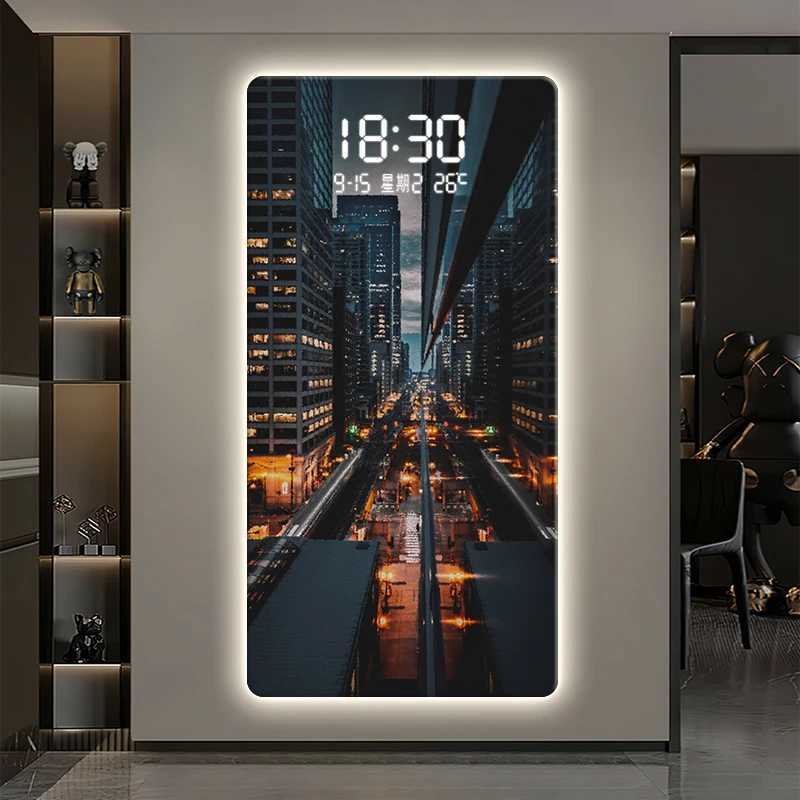 Wall Clocks Wall Clocks Led Electronic Wall Hanging Clock Porch Decorative Painting City Night Scene Advanced Sense Human Induction Wall Clock H240823