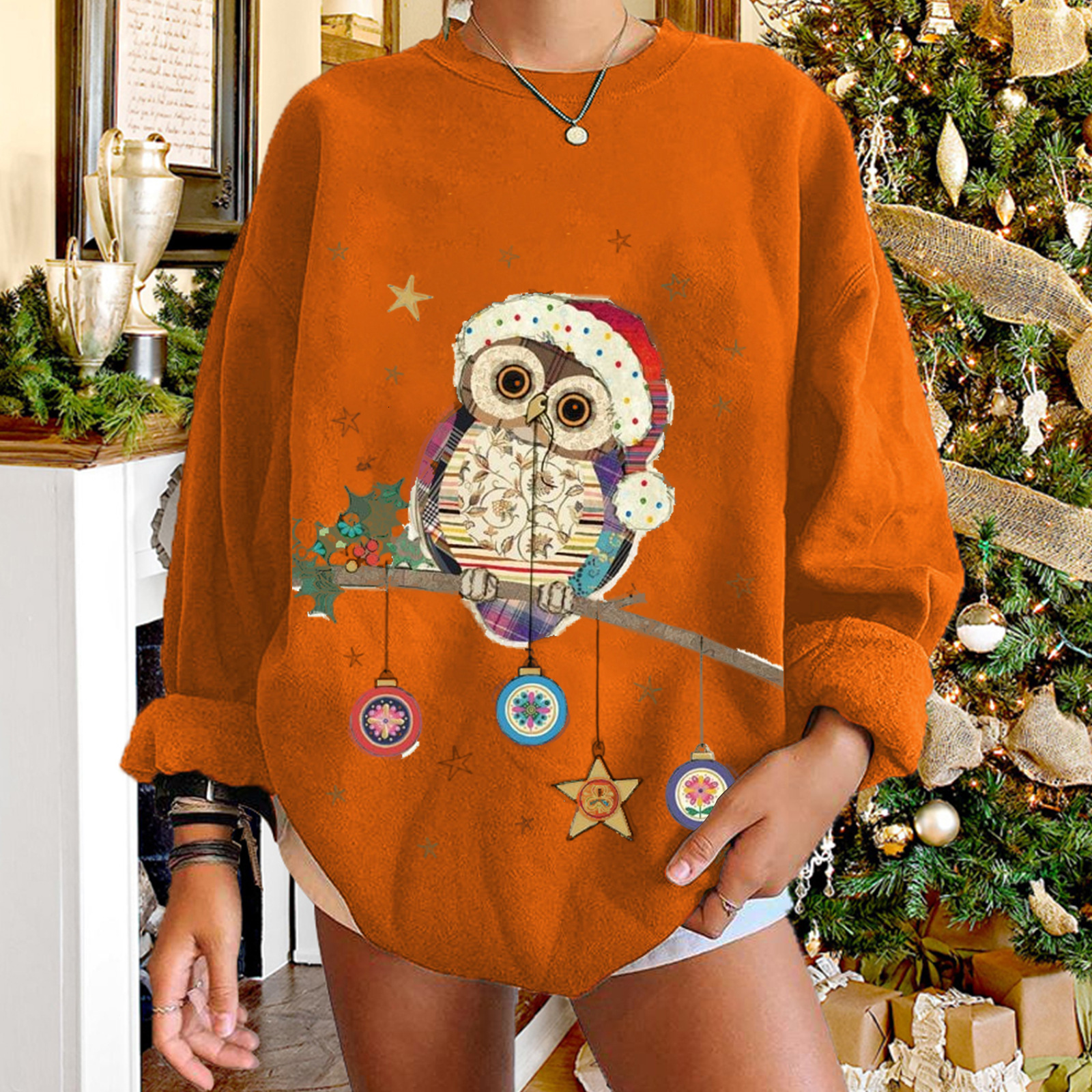 Owl Animal Ins Wind Printed Women's Falling Shoulder Large Round Neck Fleece Hoodie Women dongdumaoyi