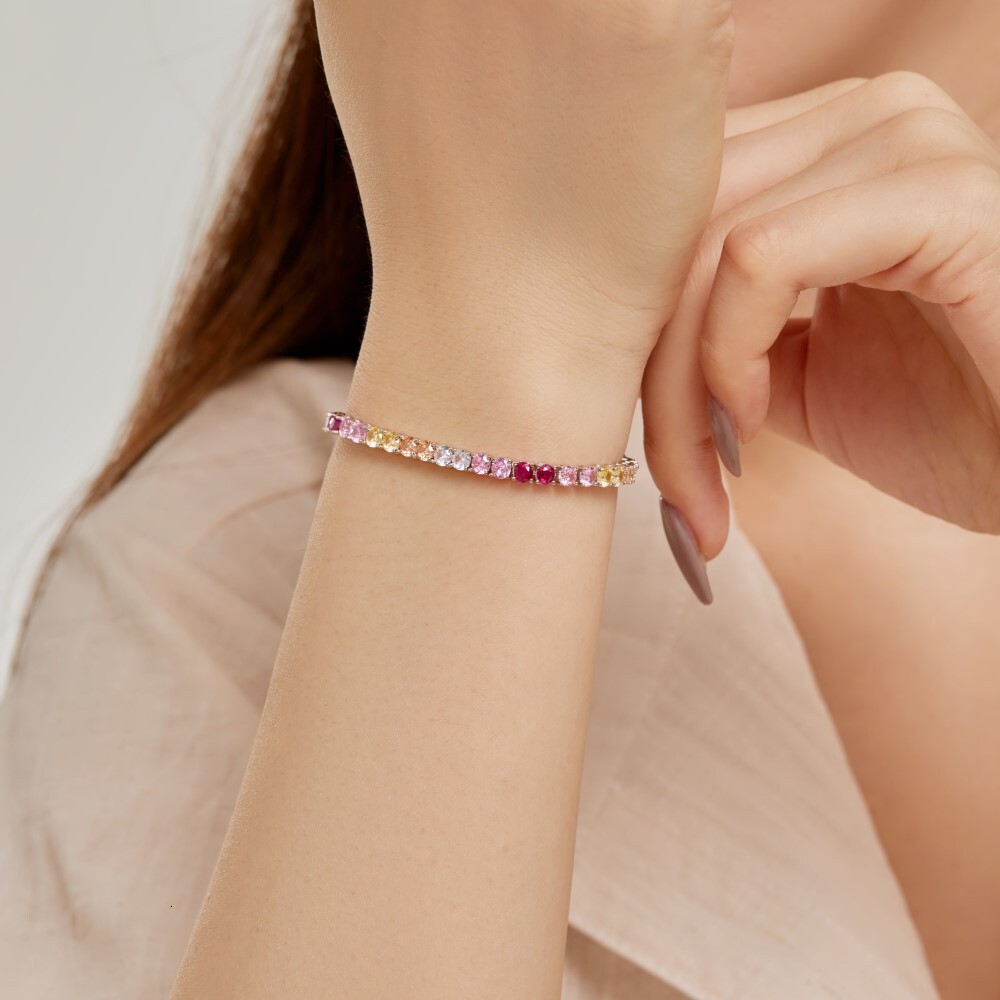 New S Pure Sier Bracelet with Colored Zirconia Inlaid Diamond Design, Fashionable and Versatile Rainbow Women's Handicraft