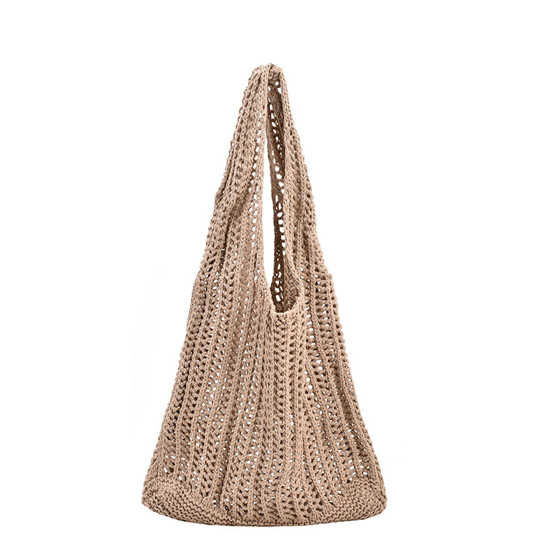 Large capacity single shoulder yarn woven bag with hollowed out tote handbag woven bag