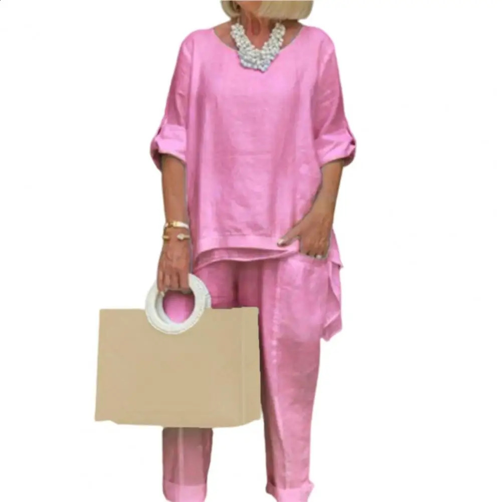 Two Piece Women Set Linen T-shirt Pants Solid Color Irregular Hem Elegant Suit Loose Women Outfit Summer 240826