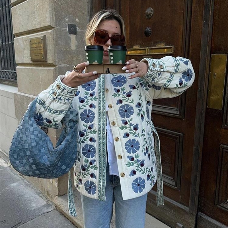 Womens Lace Up Cotton Jacket Autumn And Winter Floral Print Cardigan Quilted Elegant Ladies Street Outerwear y240824