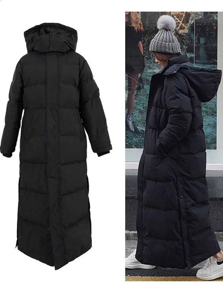 Down parka Super long jacket female knee winter woman with thick black coat in 240824
