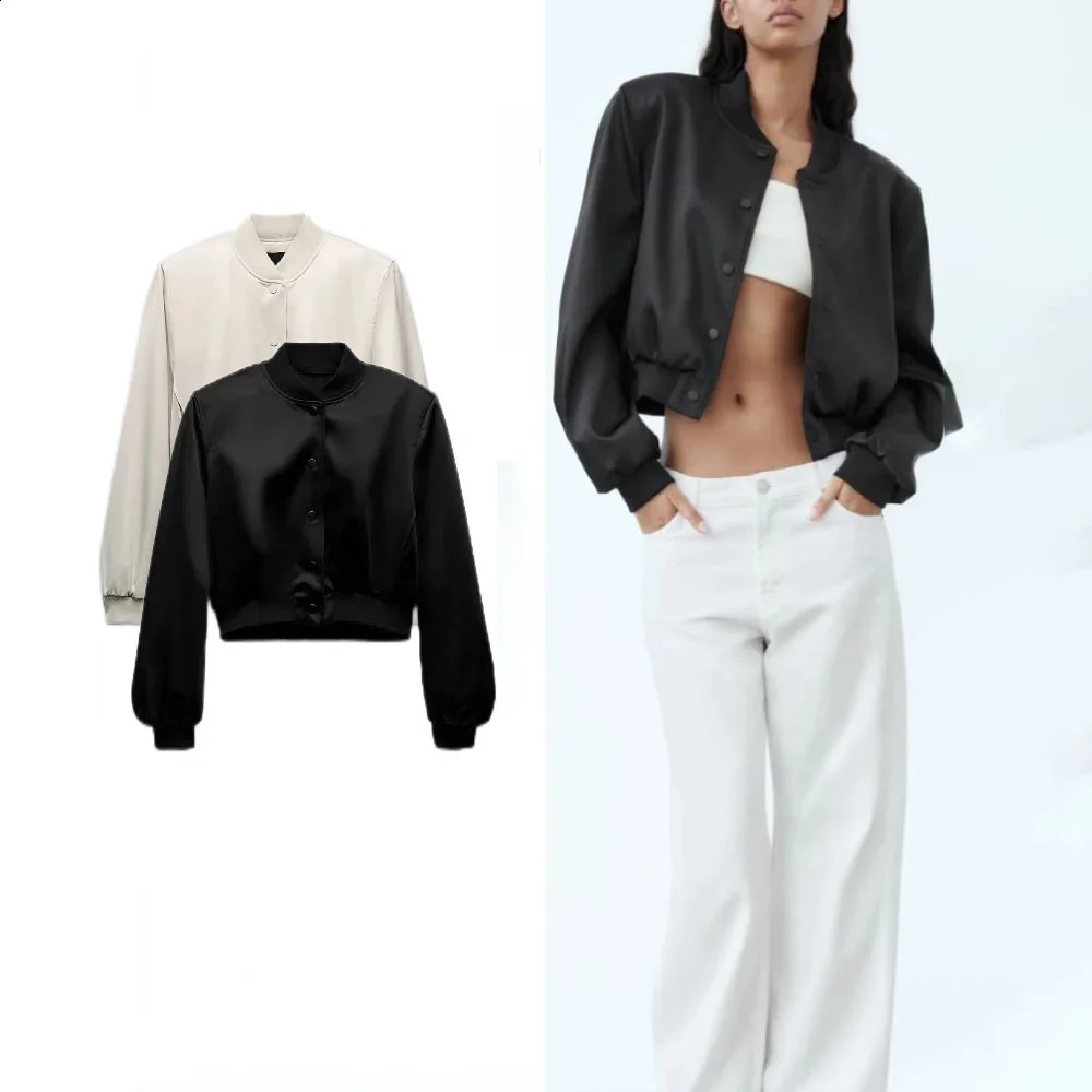 Womens Autumn Silk and Satin Texture Bomber Jacket Round Neck Long Sleeve Satin Bomber Jacket Womens Casual Jacket 240826