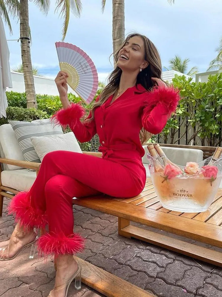 Feather Trim Two Piece Set Women Elegant Casual Pant Sets Long Sleeve Tops Blazer Straight Pants Female Fall 2Pcs Set 240826